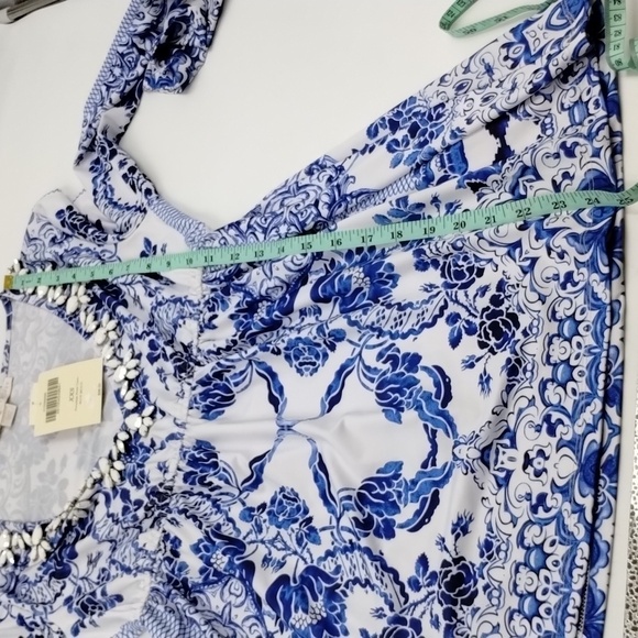 Boston Proper Blue White Floral Print Top V-Neckline Long Sleeve Embellishments - Picture 6 of 9